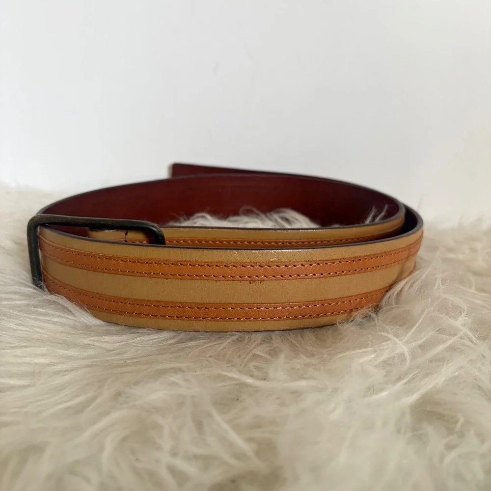 Linea Pelle 230800 Tan Brown Striped Leather Belt Size 34 Antique Brass Buckle